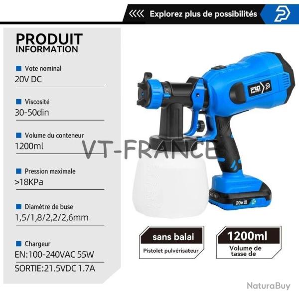 Pistolet a Peinture Pro Vernis Lasure Sans Fil, Modele: A