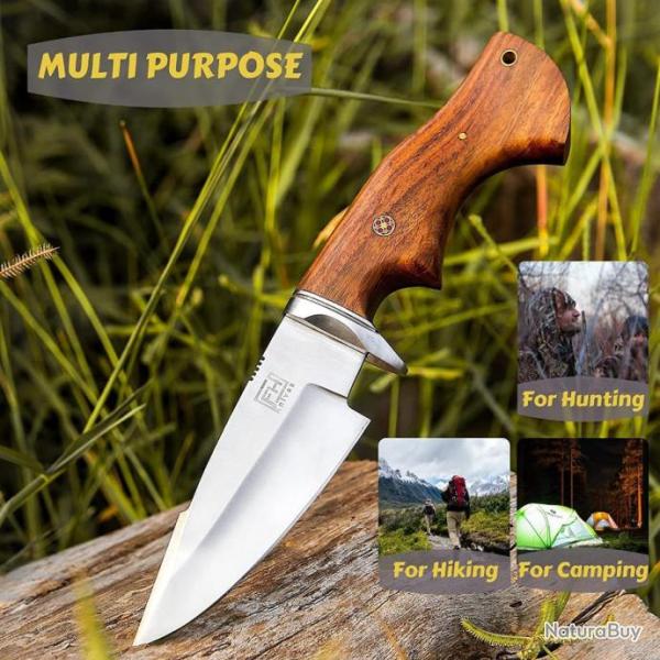 Couteau de Chasse FH Knives Lame Acier 3Cr13 Manche Noyer Etui Cuir FHKMLK002