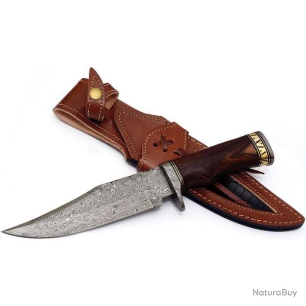 Couteau FH Knives Bowie Lame Acier Damas 256 Couches Manche Bois Etui Cuir FHKHZBW001