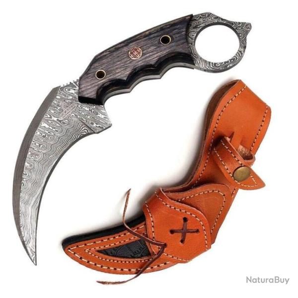 Couteau FH Knives Karambit Lame Acier Damas 256 Couches Manche Black Etui Cuir FHKKMBT002