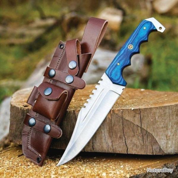 Couteau FH Knives Bowie Blue Lame Acier 3Cr13 Manche Bois Etui Cuir FHKCPBW002