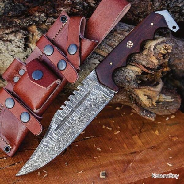 Couteau FH Knives Bowie Brown Lame Acier Damas 256 Couches Manche Bois Etui Cuir FHKCPBW001