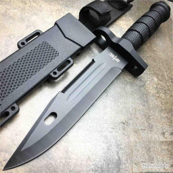 Ba�onnette Couteau Tactical S-TEC Bowie Black Lame Acier 3Cr13 Manche Caoutchouc Etui ABS