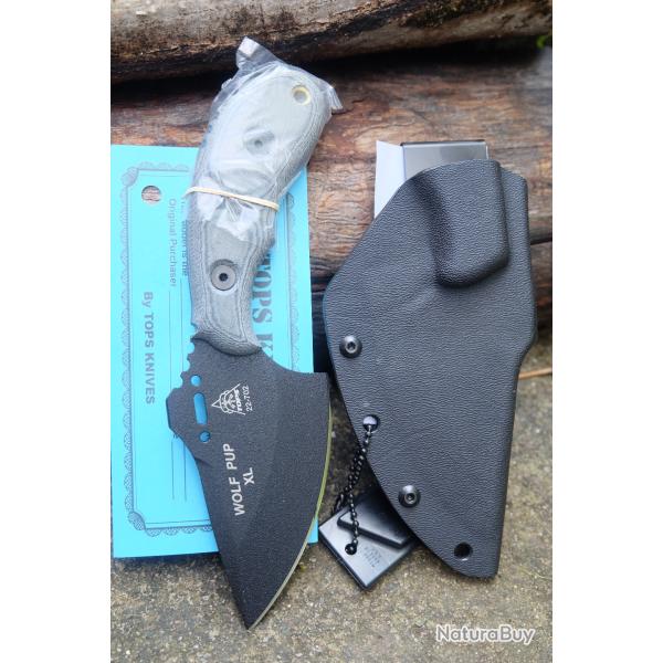 Couteau TOPS Wolf Pup XL Lame Acier Carbone 1095 Manche Micarta Etui Kydex Made In USA TPWP011