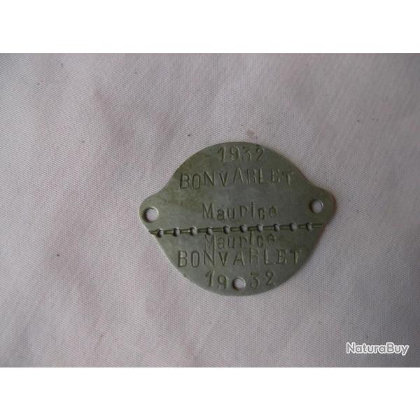 "WW2/PREWAR FRANCE PLAQUE D'IDENTIT� MILITAIRE FRANCAISE NON CASS�E "B.M." 1932 3807 SEINE 1o Beau