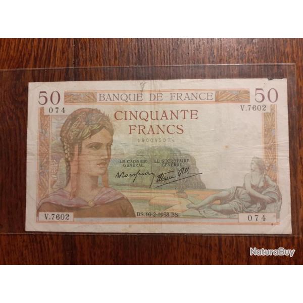 Tr�s rare 50 francs C�r�s du 10/02/1938 en tb ++