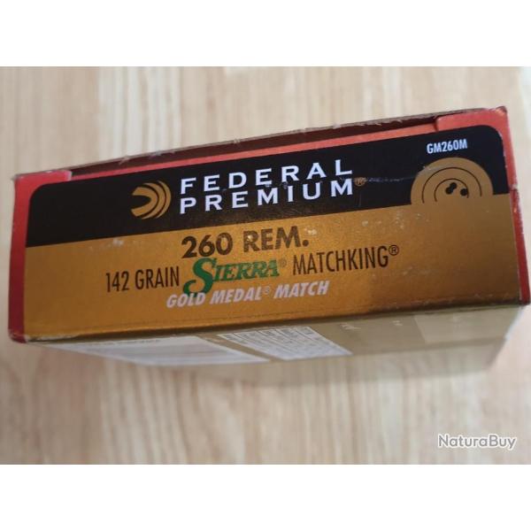 .260 rem Federal 143 gr Sierra Matchking bthp gold medal - bte 20 cartouches