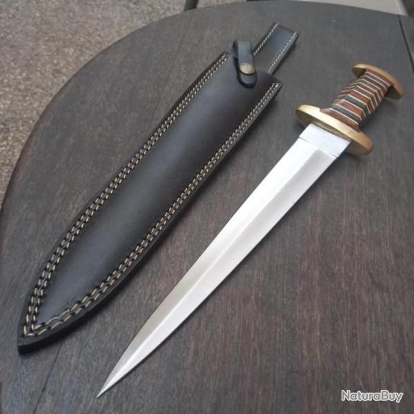 Couteau �p�e Double tranchants Manche en Bois �tui en cuir noir