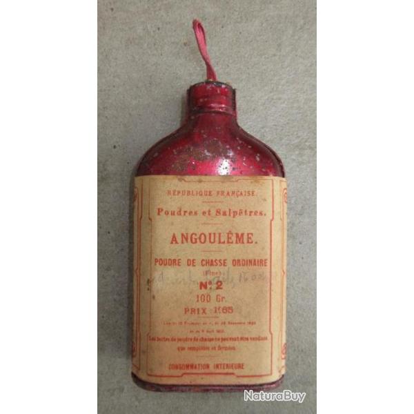 Bidon flacon m�tal POUDRES ET SALPETRES Angoul�me VIDE, original antique collection, chasse n�2 100g