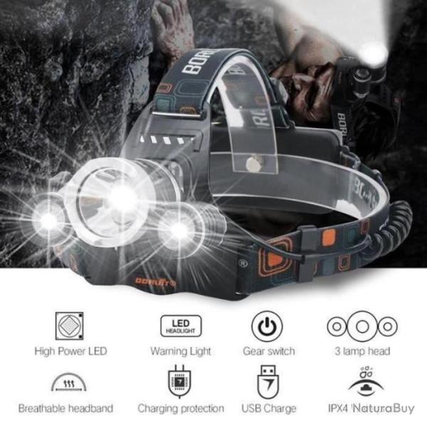 Lampe torche frontale � LED avec Zoom Lampe Phare + 2 X 18650 Batterie + USB