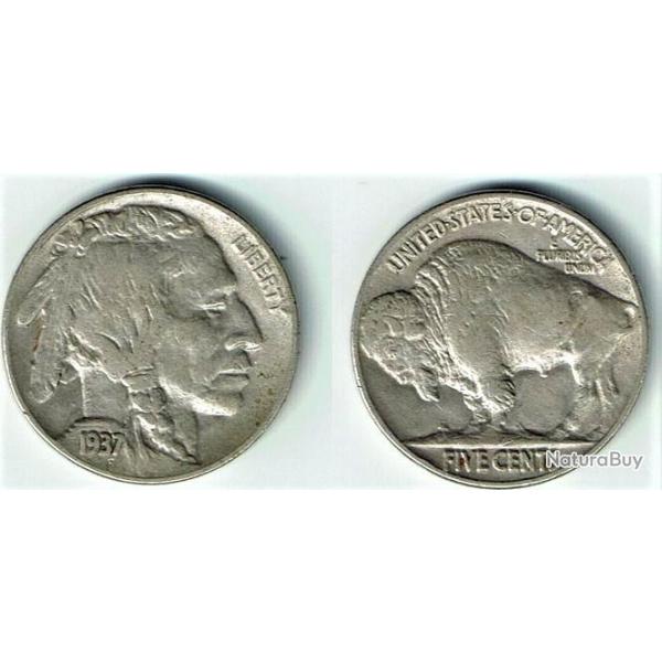BUFFALO NICKEL pi�ce 5 cents Am�ricain 1937 intacte tr�s belle d�finition INDIEN et BISON D'Am�rique