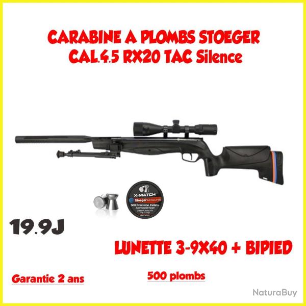CARABINE A PLOMBS STOEGER CAL.4.5 RX20 TAC SUPPRESSOR19.9J + LUNETTE 3-9X40 + BIPIED 