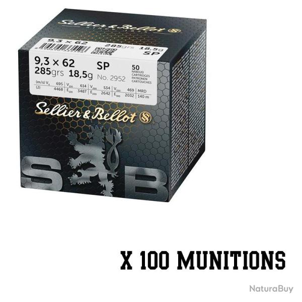Munitions SELLIER BELLOT calibre 9.3x62 Softpoint 285gr - 18.5g x100 