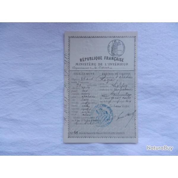 ancien permis de chasse 1884 - Minist�re de l'int�rieur d�partement de la Vienne 86
