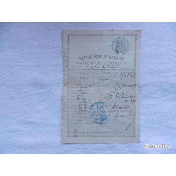 ancien permis de chasse 1897 - minist�re de l'int�rieur de la Nievre