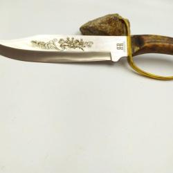 Couteau Bowie D Guard Gravure sur lame Manche en Os de CERF Etui en Cuir