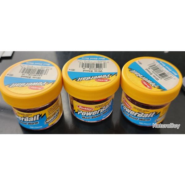 LOT DE 3 BO�TES  App�ts BERKLEY PowerBait Maxi Blood Worm VERS DE VASE T M   100 pi�ces