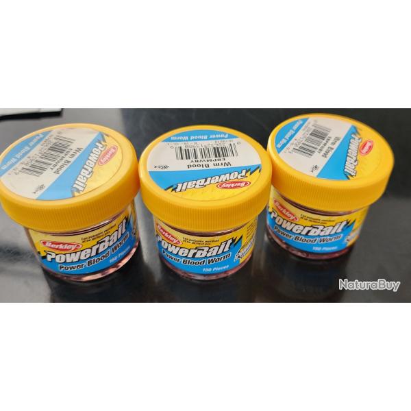 LOT DE 3 BO�TES  App�ts BERKLEY PowerBait  Blood Worm VERS DE VASE    150 pi�ces