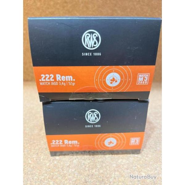 2 Boites de 30 munitions RWS Cal. 222Rem FMJ 3.4G 52Gr