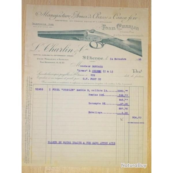 facture ancienne FUSIL CHARLIN mod�le B 1935 - VENDU PAR JEPECUTE (D22L2)
