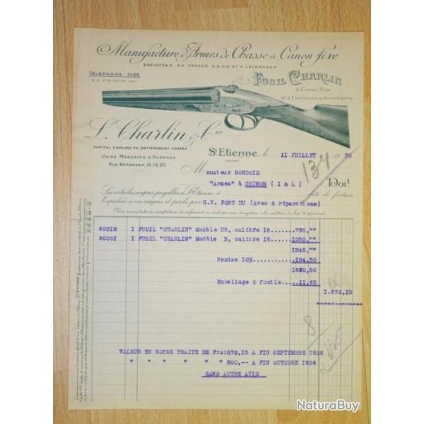 facture ancienne FUSIL CHARLIN mod�le B / mod�le U5 de 1936 - VENDU PAR JEPECUTE (D22L3)