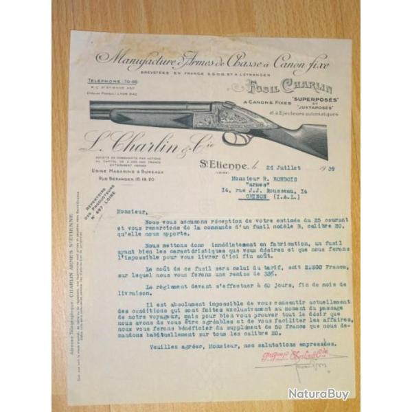 devis de 1939 de fusil CHARLIN - VENDU PAR JEPERCUTE (D22L6)