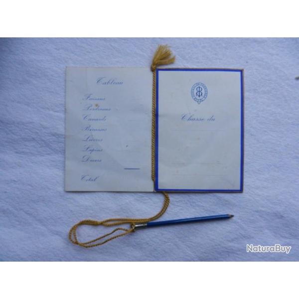 ancien carnet tableau de chasse - Ch�teau de Ferri�res - avec cordelette et crayon.