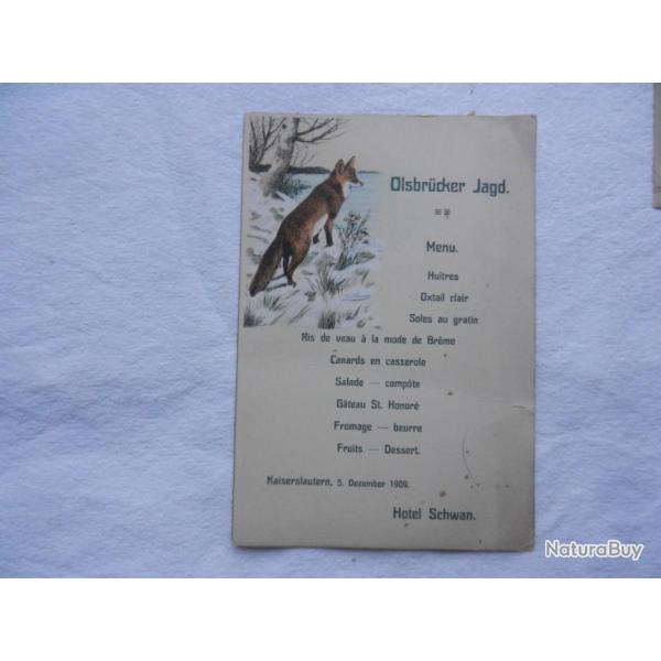ancien menu de chasse H�tel Schwan - Kaiserslautern en Allemagne - 5 d�cembre 1909