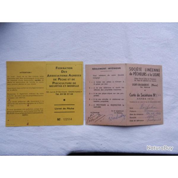 2 anciennes cartes de de p�che - p�che � la ligne 1972 Meuse 55 - 1987 Meurthe et Moselle 54