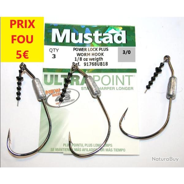HAMECONS Mustad Power Lock Plus worm Hooks   sz 3/0    pack of 3