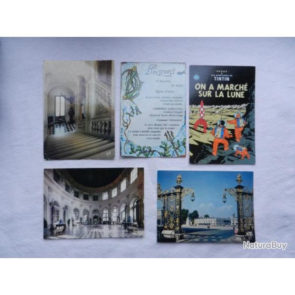lot de 5 cartes postales diverses-Tintin-Nancy place Stanislas-ch�teaux de la Loire-signe poissons