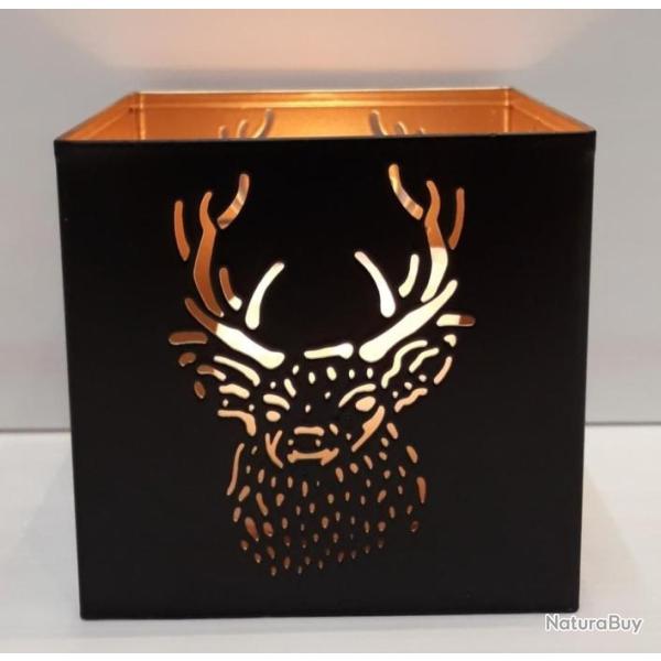 PHOTOPHORE METAL NOIR ET OR MOTIF CERF PETIT MOD�LE