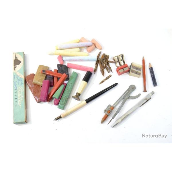 Lot ancien �criture cachet cire plume crayon compas craies, calligraphie �criture �cole vintage