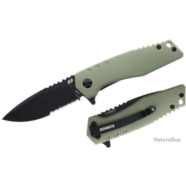 Couteau Schrade Artillery Green Lame Acier AUS-10 Manche Aluminium Linerlock Clip SCH1159312