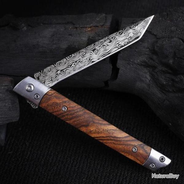 couteau pliant motif damas damascus laser manche bois avec �tui camping survie p�che chasse #0006