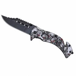 Couteau pliant en acier inoxydable avec clip, coupe ceinture et brise vitre design t&ecirc;tes de mort
