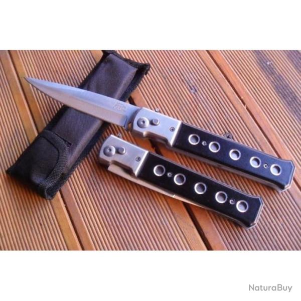 Grand Couteau Automatique Lame d'Acier Fine 11,5 Cm Manche En Acier/Trous 14 Cm Chasse Pche Bivouac