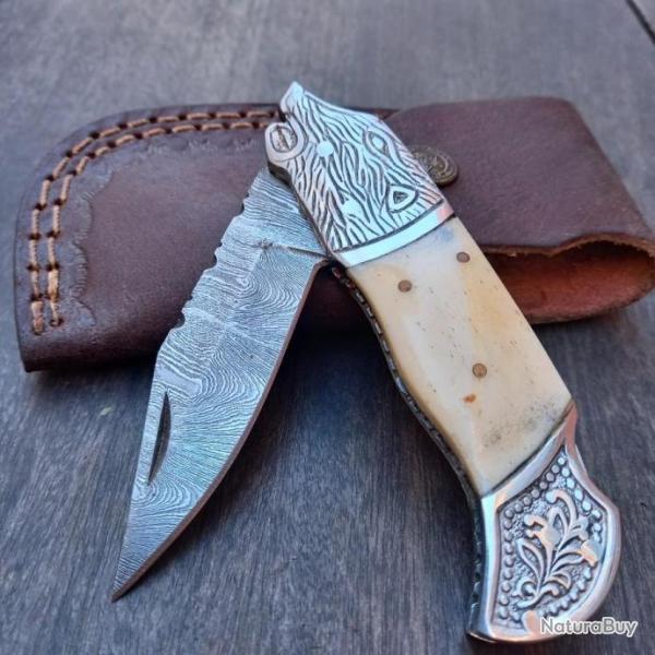 Couteau pliant Damas Manche en Corne �tui en cuir marron