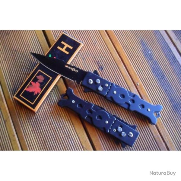Couteau Pliant Automatique Lame Acier Noir 9 Cm Manche Acier 11,5 Cm Outdoor