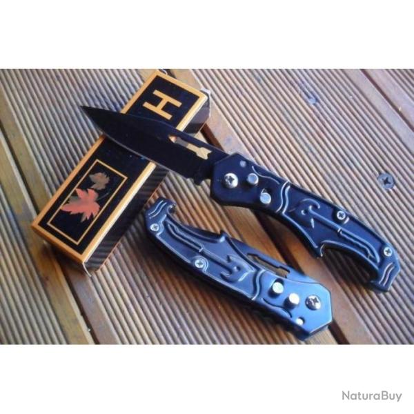 Petit Couteau Automatique Lame Acier 6,5 Cm Manche Acier Grav� 9,5 Cm Chasse P�che Bivouac