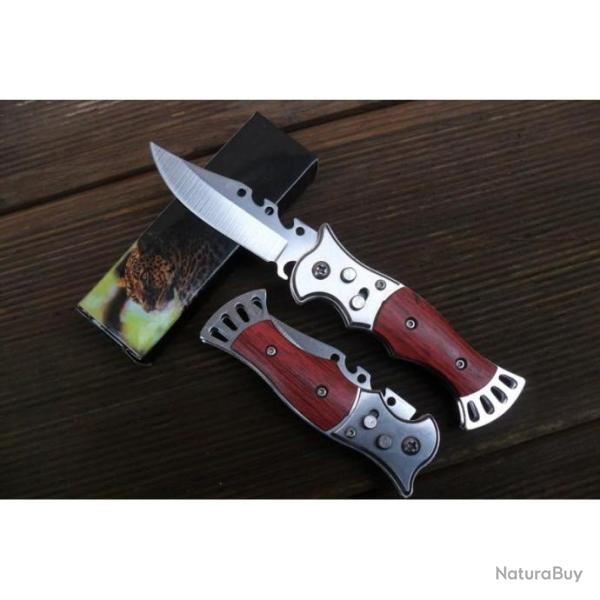 Petit Couteau Automatique Lame Acier Dent�e 7 Cm Manche Bois 9,5 Cm Chasse P�che Bivouac
