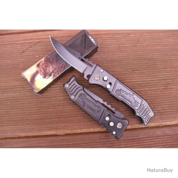 Petit Couteau Automatique Lame d'Acier 7 Cm Manche Acier Grav� 9 Cm Chasse P�che Bivouac