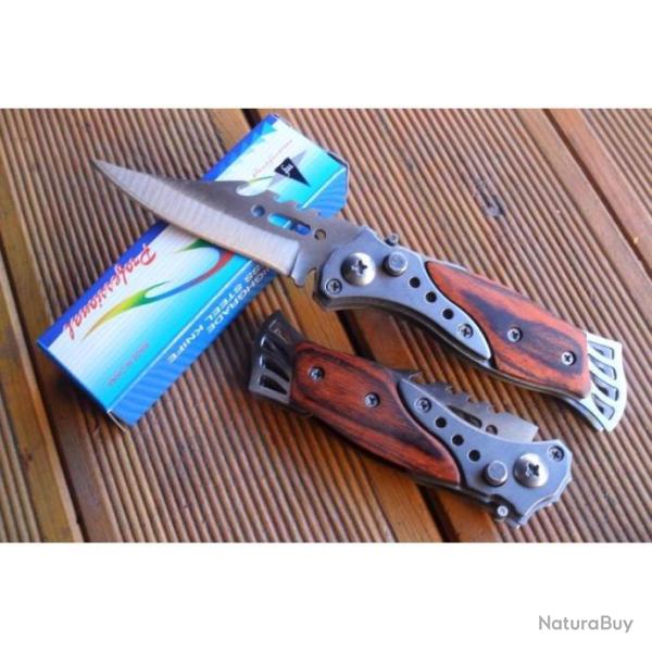 Petit Couteau Automatique Lame Acier Crant�e 7 Cm Manche Bois 9 Cm Chasse P�che Bivouac
