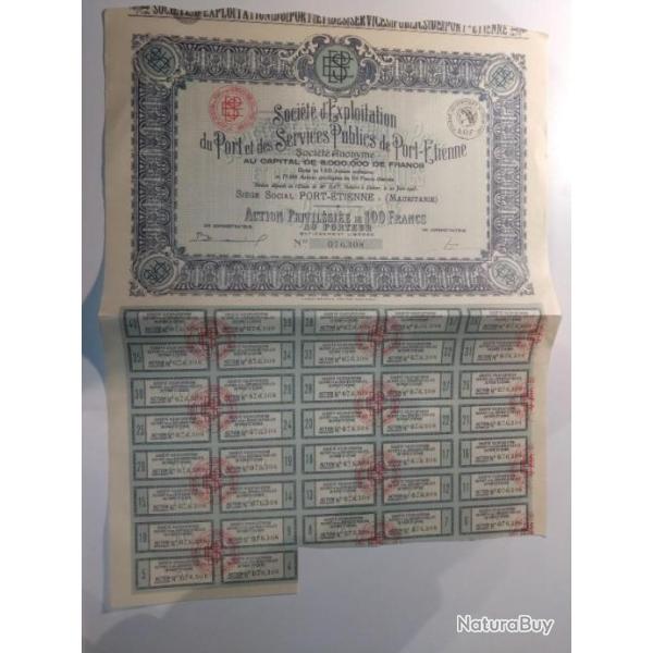 Action au porteur : Ste exploitation Port et Services Publics de Port �tienne - Mauritanie 1925.