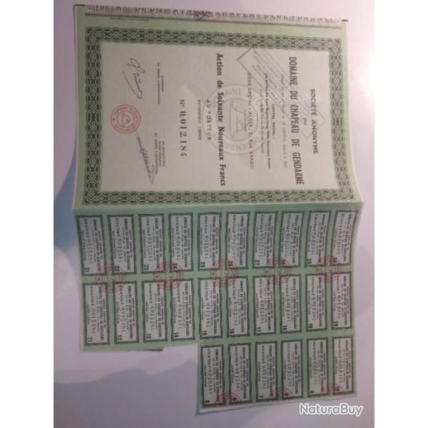 Action au porteur : Ste du Domaine (viticulture) du Chapeau de Gendarme - Alger 1961.