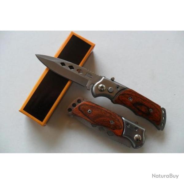 Petit Couteau Automatique Lame Acier 7 Cm Manche Bois 9 Cm Chasse Pche Bivouac
