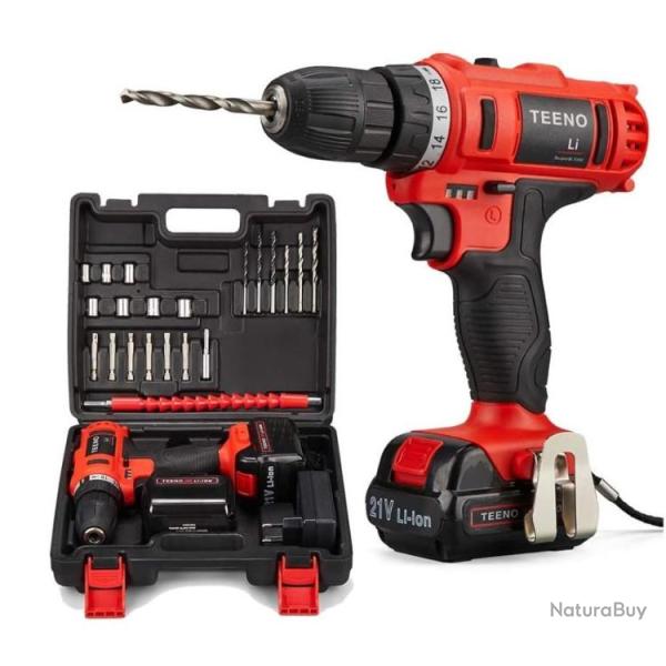 Visseuse Perceuse Sans Fil 21V 2 Vitesses 2 Batteries Lithium 1.5Ah Chargeur Inclus 20 Accessoires