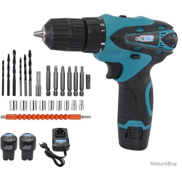 Visseuse Perceuse Sans Fil 12V  2 Batterie Lithium Mandrin Auto-Serrant 10mm Chargeur 24 Accessoires
