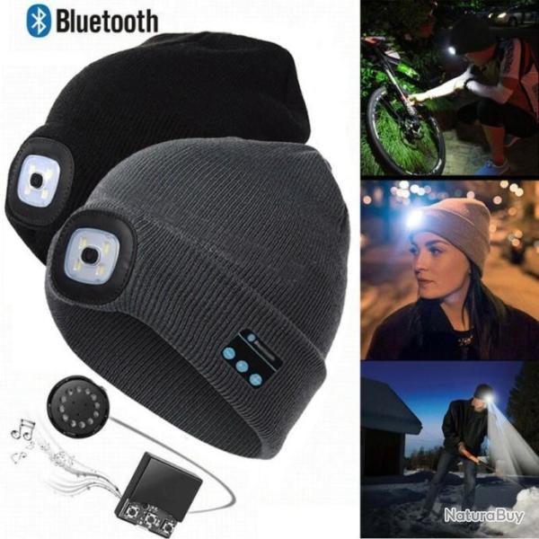 Bonnet Noir Sans Fil Bluetooth avec Ecouteur et Eclairage 4 Led Rechargeable USB LIVRAISON OFFERTE