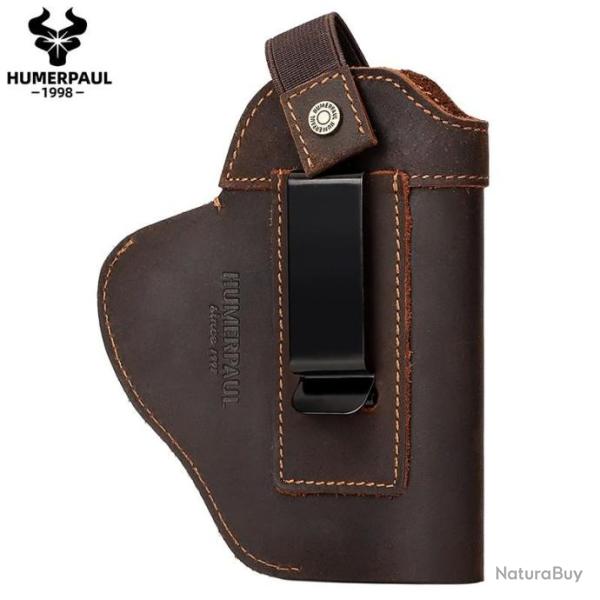 Etui Holster Pistolet Revolver Universel en Cuir Noir ou Marron avec Verrouillage